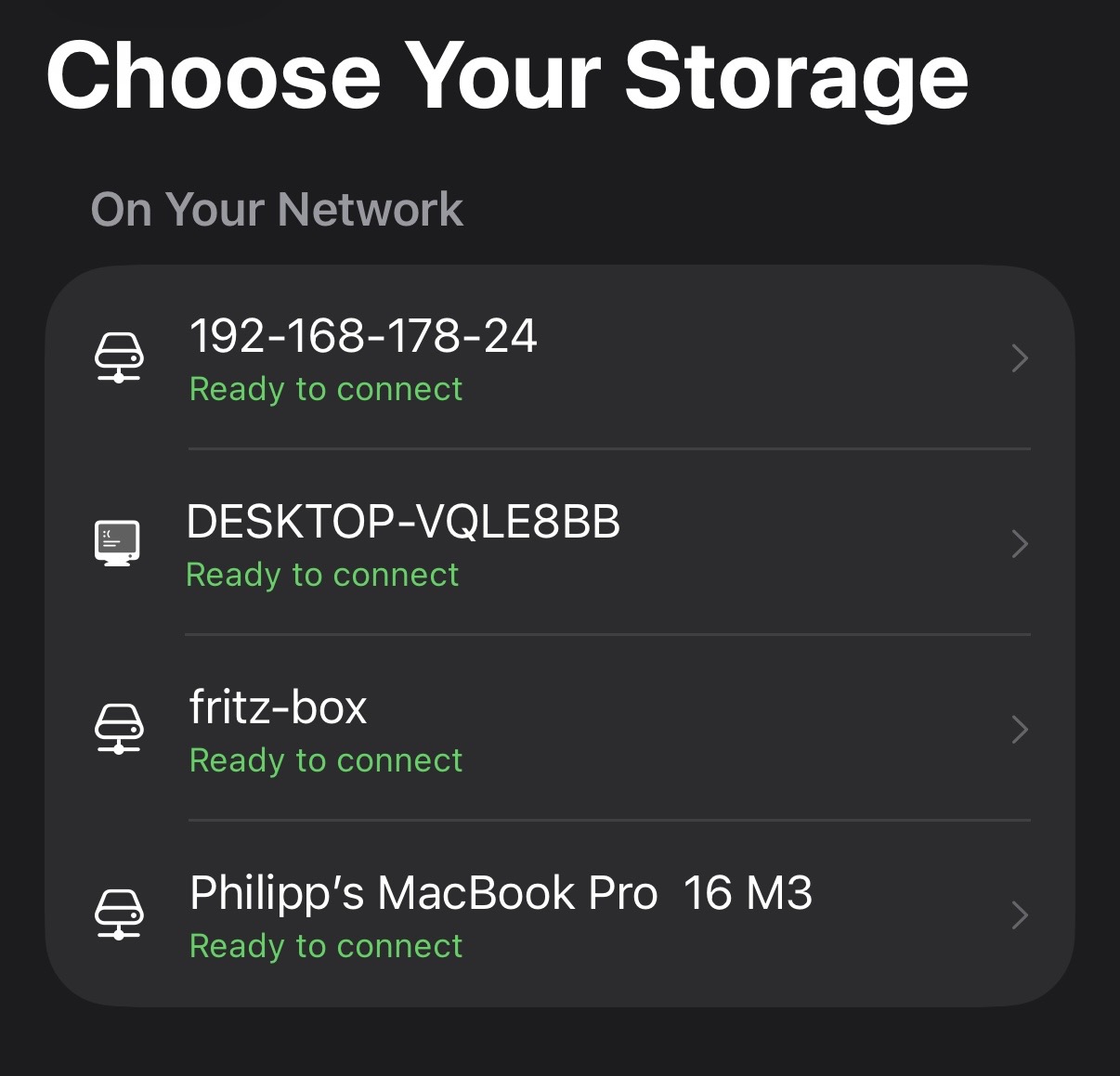 Choose your storage screen