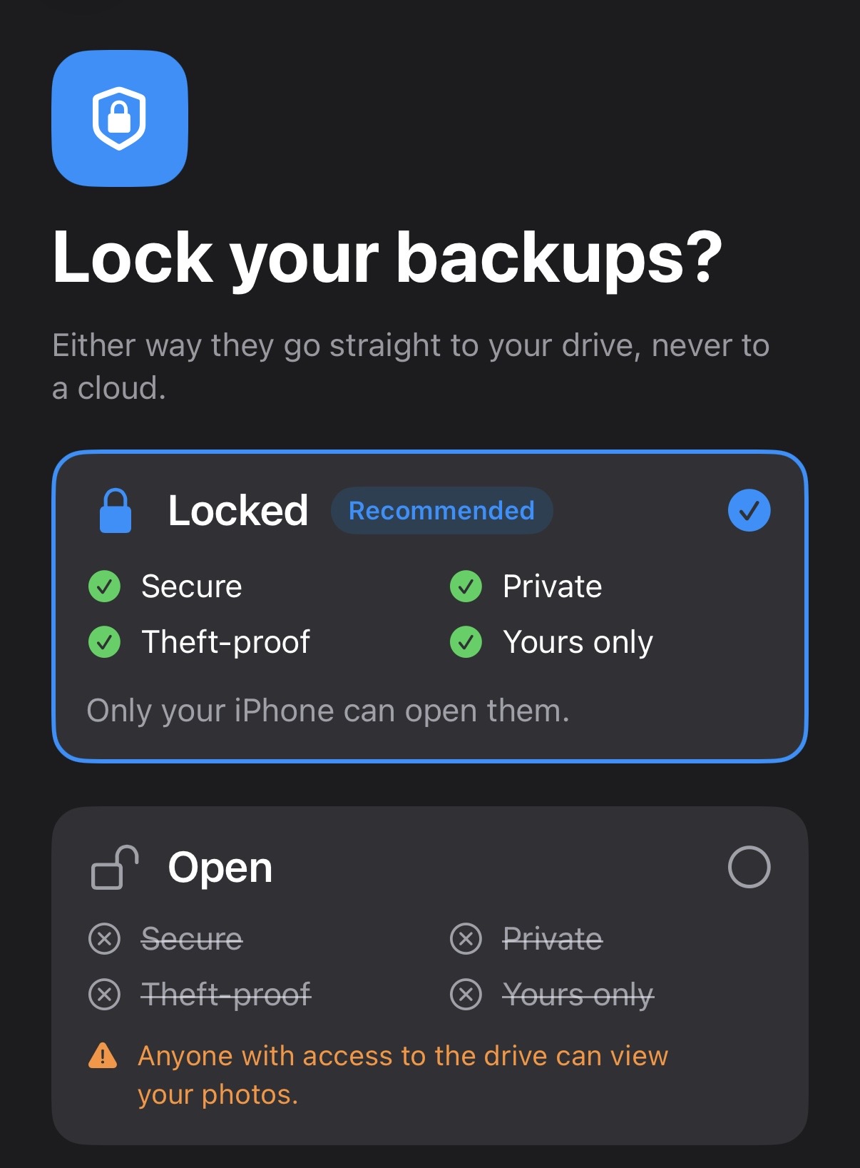 Lock your backups screen